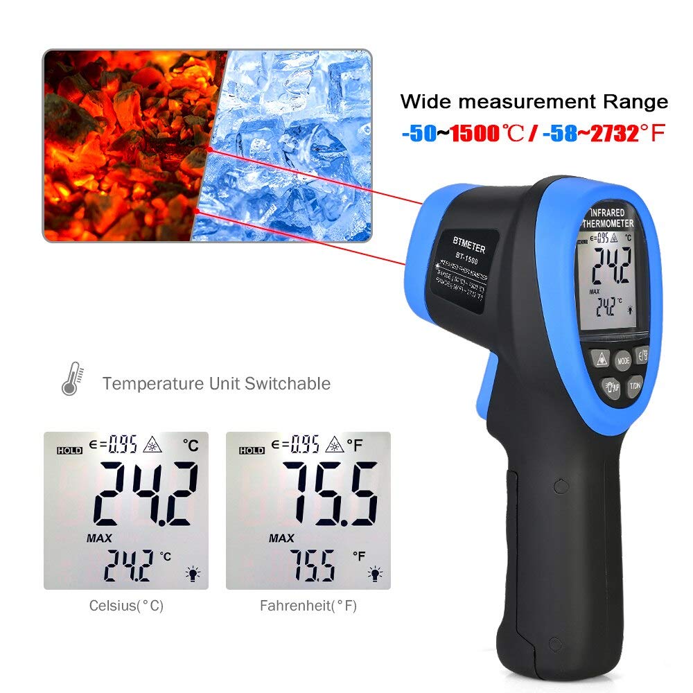 Industrial Laser Thermometer - ไพโรมิเตอร์แบบเลเซอร์อุณหภูมิสูง30:1อุณหภูมิเครื่องวัดอุณหภูมิอินฟาเรดอุณหภูมิ IR ดิจิตอล BT-1500-50 ℃ ถึง1500